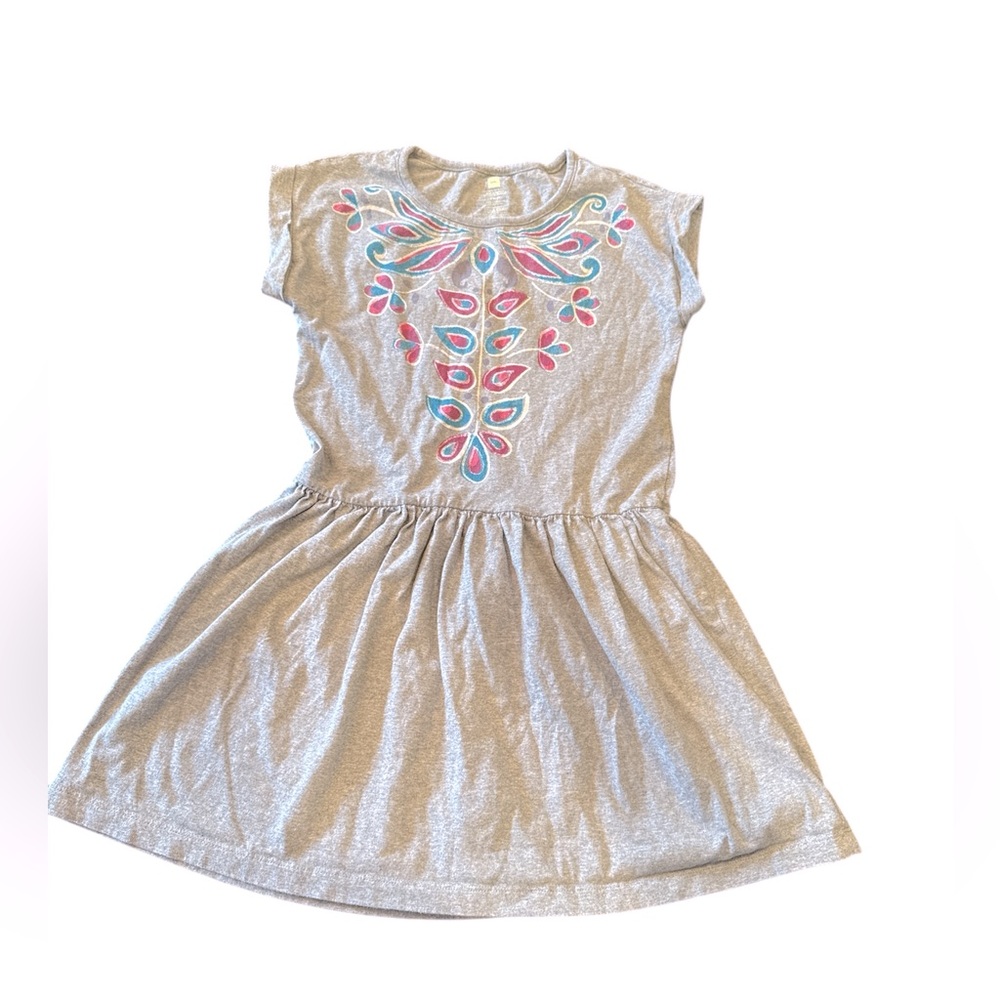 Tea Girl’s Summer Dress 100% Cotton Gray Floral Screen Print Size 10